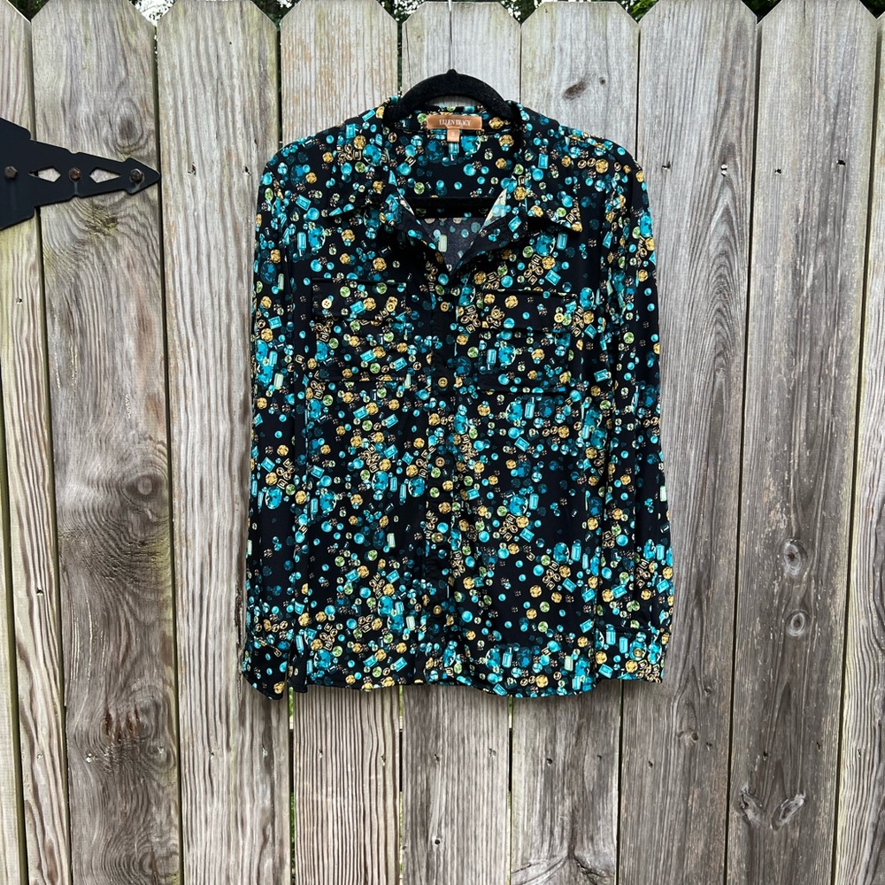 ELLEN TRACY Long Sleeve Button Down Gem Jewel Blouse Women’s Medium